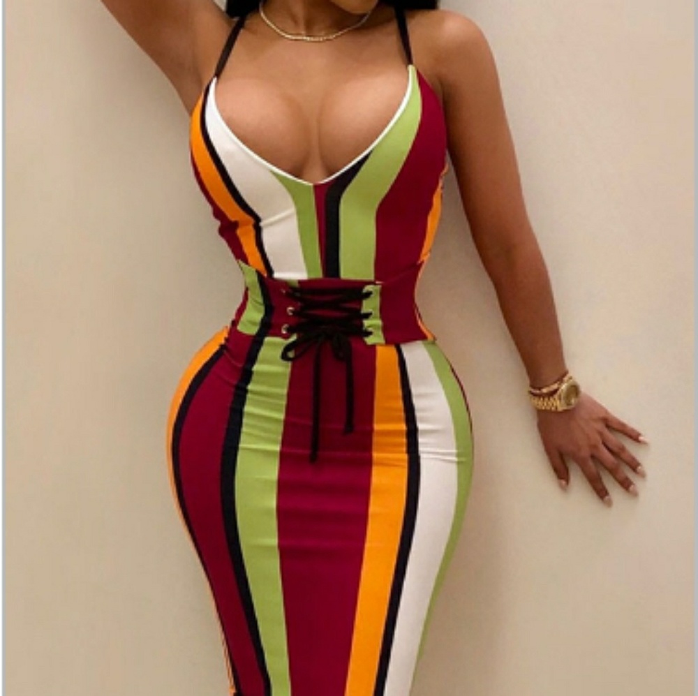 V-neck striped print dress